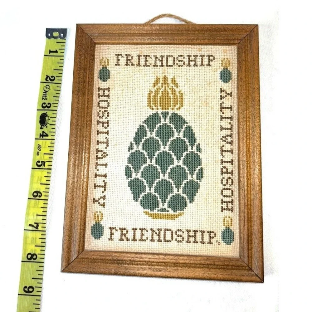Vintage 1983 Pineapple Cross Stitch Framed Art Friendship Hospitality 8.5x6.5